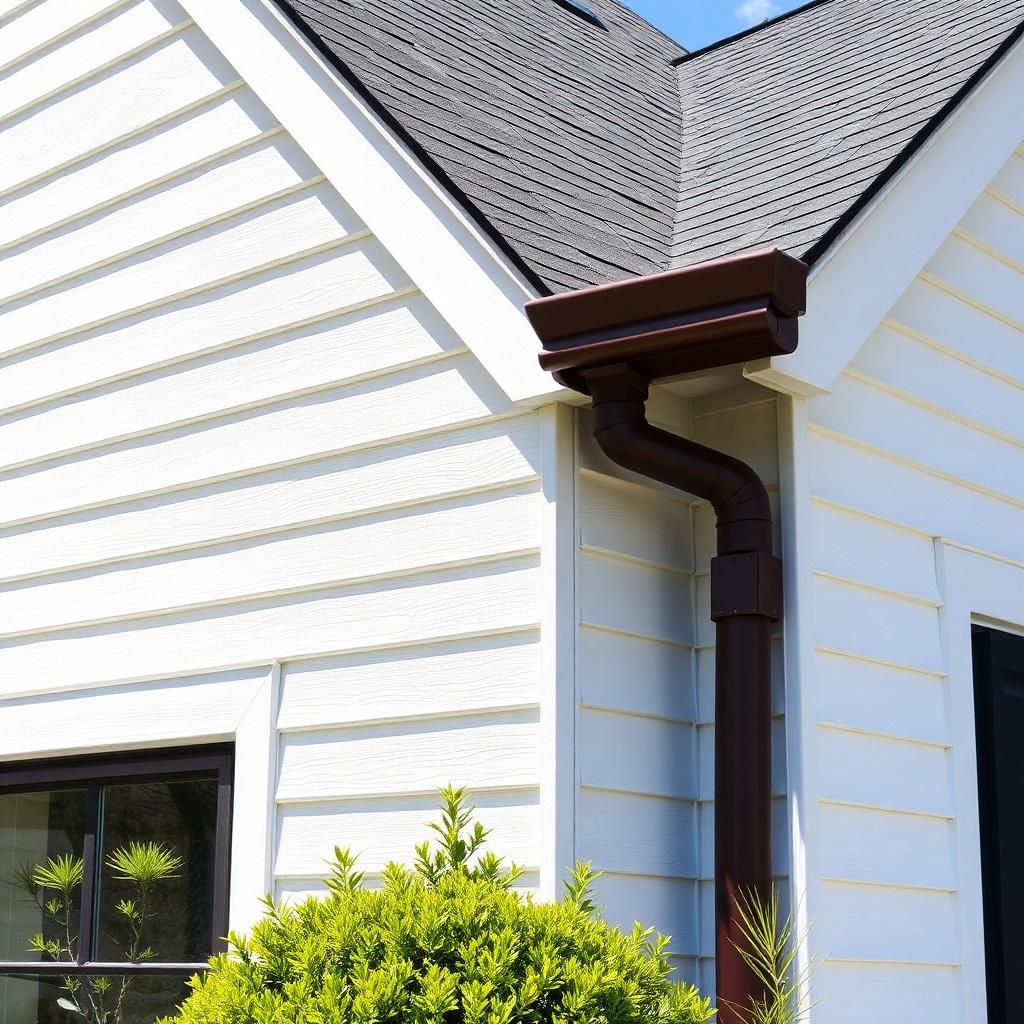 Bronze seamless gutter and downspout on a white home