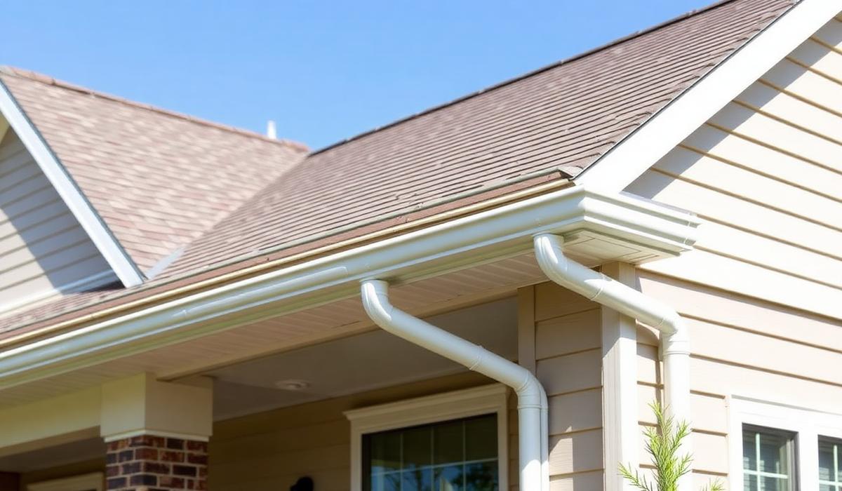 New white seamless gutters along a long roofline